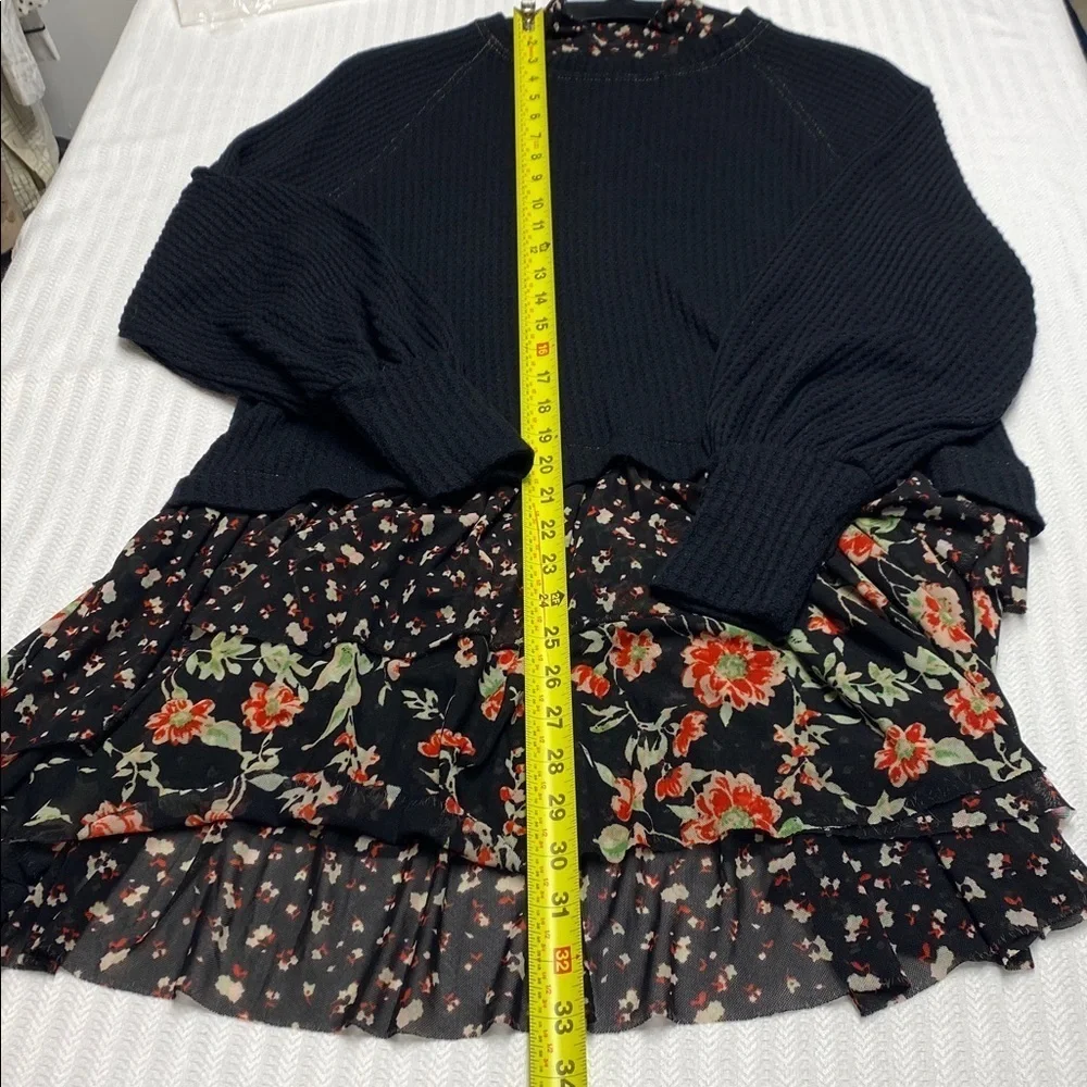 Free People Opposites Attract Mini Dress Black Waffle Top Floral Tiered Skirt XS